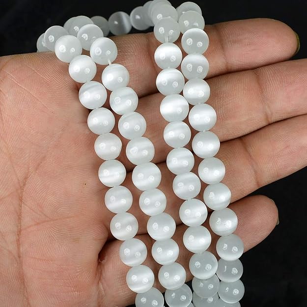 Natural Selenite Stone Loose Beads 8 mm Round Bead | Crystal Stone Beads Strand/Lines for Jewellery Making Bracelets Beads Malas Beads for Jewellery Making Necklace/Bracelet/Mala