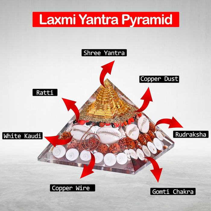 Original Crystal Laxmi Pyramid - Crystal Pyramid with Rudraksha Shree Yantra Original Gomati Chakra White Kauri and Ratti Seeds for Vastu Money Wealth Good Luck and Prosperity